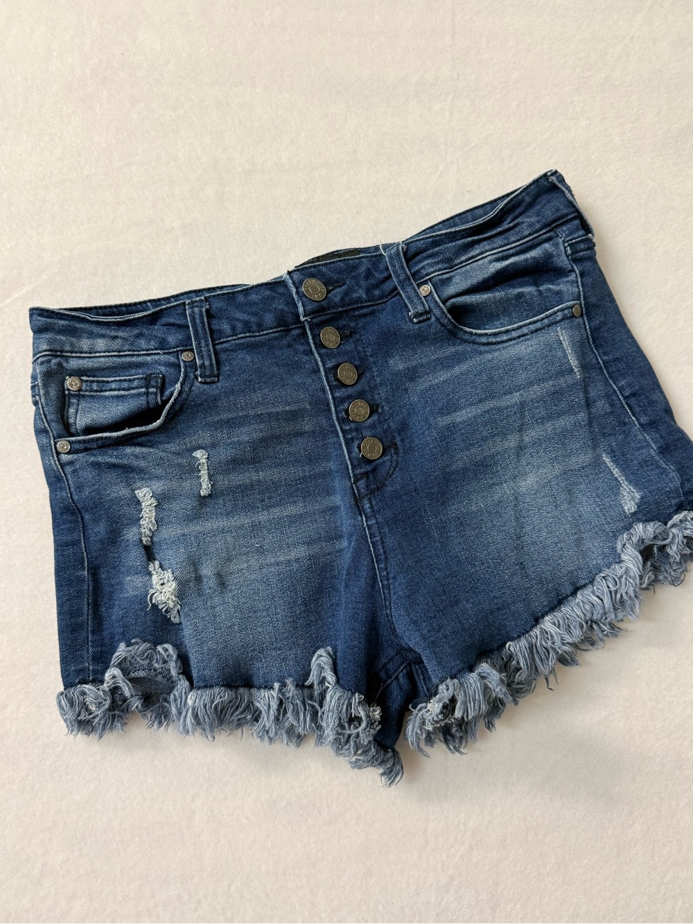 Celebrity Pink Dark Blue Distressed Fringe Hem Denim Shorts Size 7/28 Festival